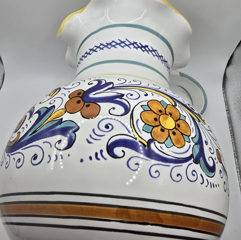 Sur La Table Pitcher Made In Italy Hand Painted Pottery Scalloped Rim Beautiful